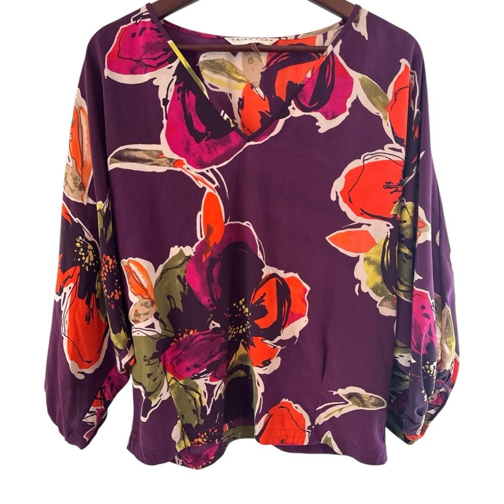 Trina Turk Silk Floral Artsy Dolman Balloon Sleeve Blouse Top Medium Women’s